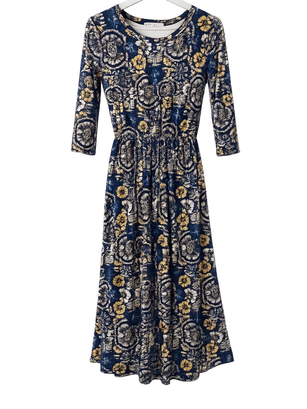 Floral Print Navy & Gold Midi Dress - Classic Women's Dress